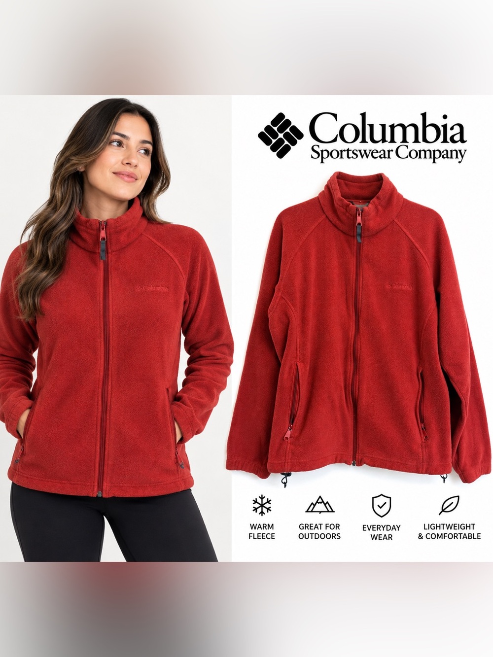 Columbia Women’s Red Fleece Full Zip Jacket Size L Warm Outdoor Pockets